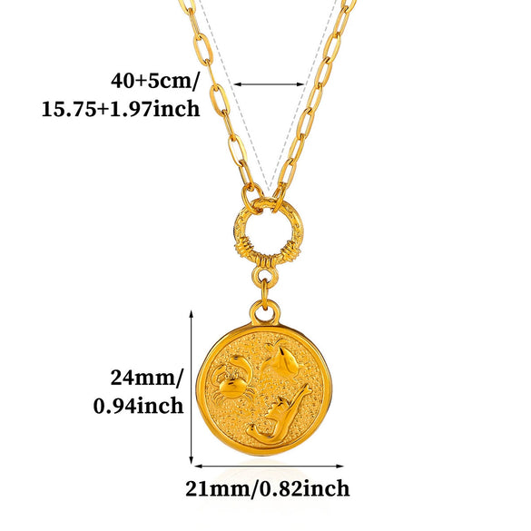 Vintage Gold Plated Stainless Steel Ocean Relief Pendant Necklace With Shell And Coin Details Textured Paperclip Chain Adjustable Unisex Jewelry