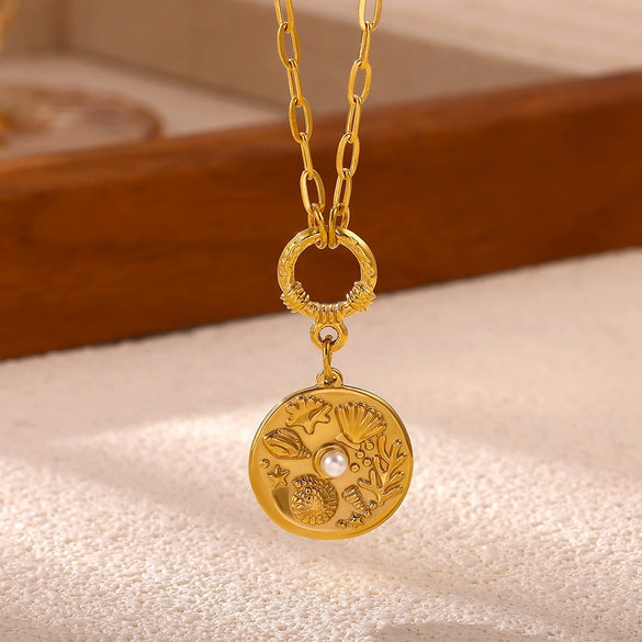 Vintage Gold Plated Stainless Steel Ocean Relief Pendant Necklace With Shell And Coin Details Textured Paperclip Chain Adjustable Unisex Jewelry