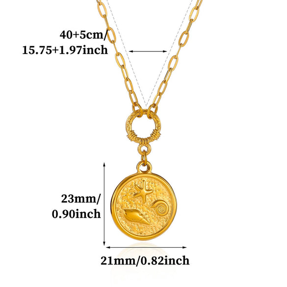Vintage Gold Plated Stainless Steel Ocean Relief Pendant Necklace With Shell And Coin Details Textured Paperclip Chain Adjustable Unisex Jewelry