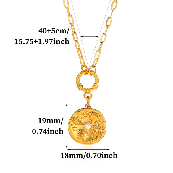 Vintage Gold Plated Stainless Steel Ocean Relief Pendant Necklace With Shell And Coin Details Textured Paperclip Chain Adjustable Unisex Jewelry