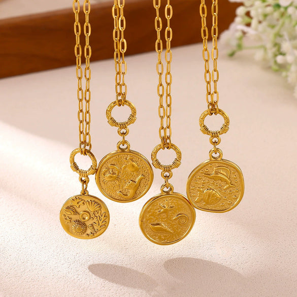 Vintage Gold Plated Stainless Steel Ocean Relief Pendant Necklace With Shell And Coin Details Textured Paperclip Chain Adjustable Unisex Jewelry