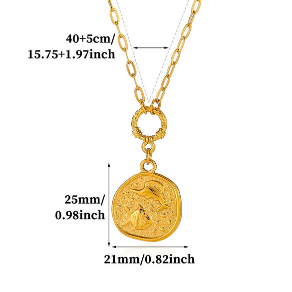 Vintage Gold Plated Stainless Steel Ocean Relief Pendant Necklace With Shell And Coin Details Textured Paperclip Chain Adjustable Unisex Jewelry