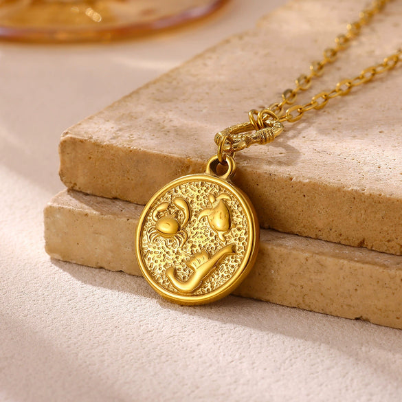 Vintage Gold Plated Stainless Steel Ocean Relief Pendant Necklace With Shell And Coin Details Textured Paperclip Chain Adjustable Unisex Jewelry