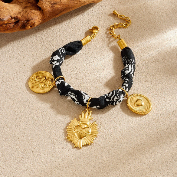 Vintage Goldplated Stainless Steel Heartshaped Relief Flower Pendant Bracelet For Women