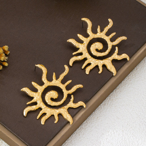 Vintage Hammered Spiral Sun Earrings With Distressed Iron Alloy Finish Electroplated Floral Design And Stainless Steel Posts For Women