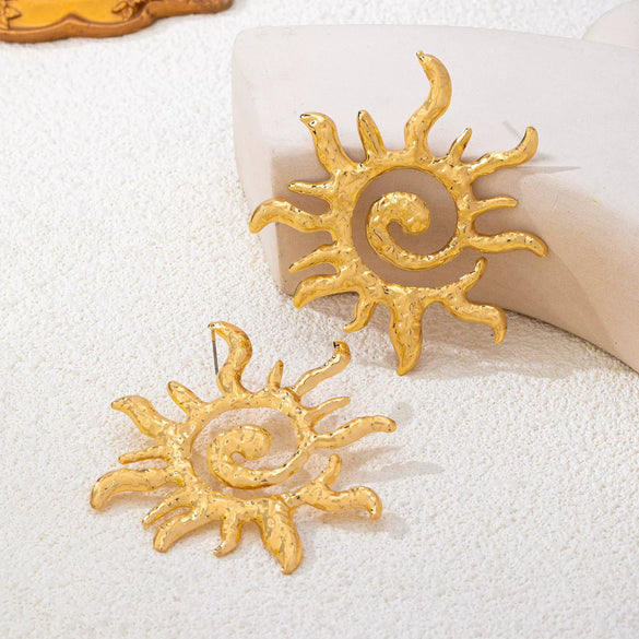 Vintage Hammered Spiral Sun Earrings With Distressed Iron Alloy Finish Electroplated Floral Design And Stainless Steel Posts For Women