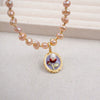 Vintage Handmade Painted Alloy Pendant With Pink Pearl Inlay Geometric Pattern And Copper Chain