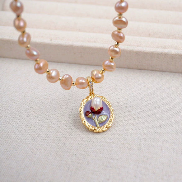 Vintage Handmade Painted Alloy Pendant With Pink Pearl Inlay Geometric Pattern And Copper Chain