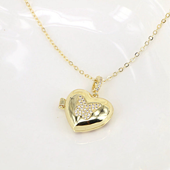 Vintage Heart Shaped Butterfly Photo Box Necklace Copper Clavicle Chain With Opening Pendant And Micro Pave Zircon Inlay