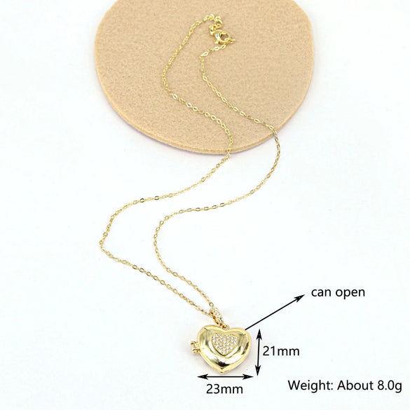 Vintage Heart Shaped Butterfly Photo Box Necklace Copper Clavicle Chain With Opening Pendant And Micro Pave Zircon Inlay