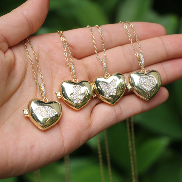 Vintage Heart Shaped Butterfly Photo Box Necklace Copper Clavicle Chain With Opening Pendant And Micro Pave Zircon Inlay