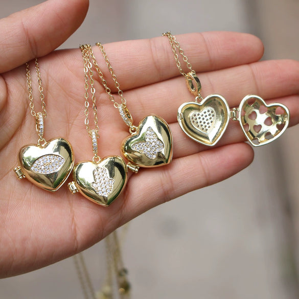 Vintage Heart Shaped Butterfly Photo Box Necklace Copper Clavicle Chain With Opening Pendant And Micro Pave Zircon Inlay