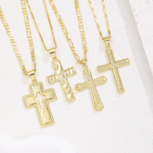 Vintage Hip Hop Style Geometric Cross Pendant Necklace Copper Electroplating Box Chain