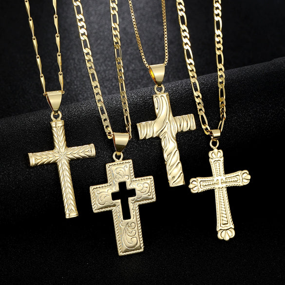 Vintage Hip Hop Style Geometric Cross Pendant Necklace Copper Electroplating Box Chain