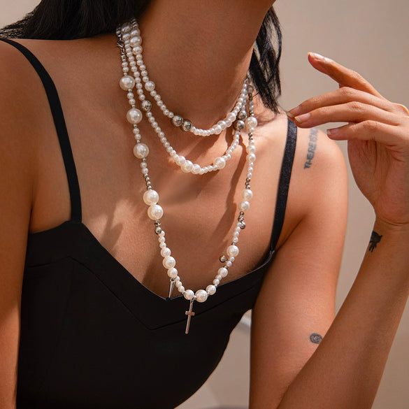 Vintage Imitation Pearl Beaded Hip Hop Rivet Cross Women's Necklace Choker Alloy Pendant Electroplated