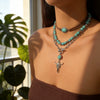 Vintage Imitation Turquoise Bull Head Beaded Necklace Set With Polished Electroplated Metal Chains And Geometric Stacking Design