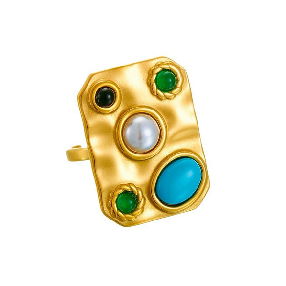 Vintage Inlaid Blue Pine Stone Square Ring Fashion Court Style Stainless Steel Gold Plated For Women
