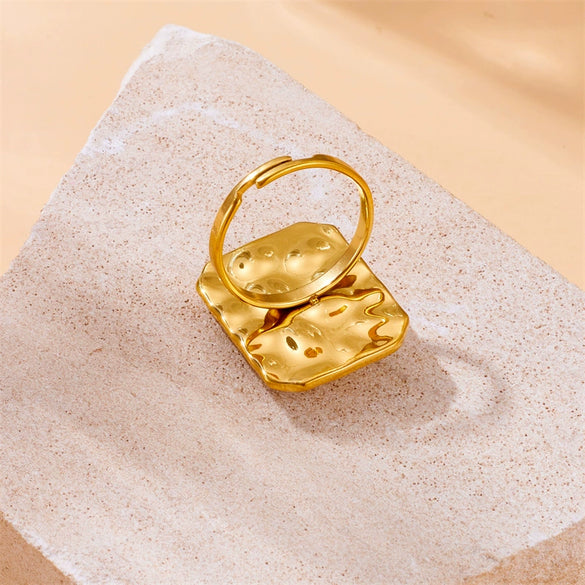 Vintage Inlaid Blue Pine Stone Square Ring Fashion Court Style Stainless Steel Gold Plated For Women