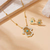 Vintage Inlaid Blue Turquoise Hollow Palm Pattern Stainless Steel Necklace Earrings Suit For Girls With Electroplating
