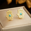Vintage Inlaid Blue Turquoise Hollow Palm Pattern Stainless Steel Necklace Earrings Suit For Girls With Electroplating