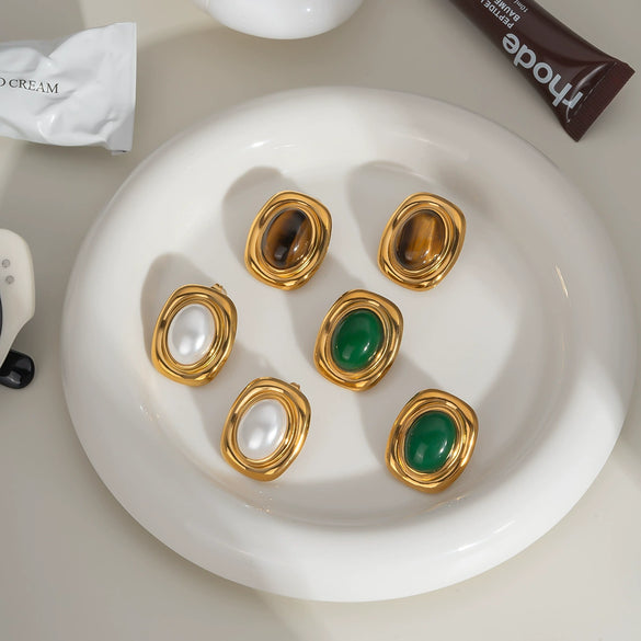 Vintage Inlaid Natural Stone Titanium Steel Earrings For Women With Pvd Furnace Vacuum Real Gold Plating And Geometric Shape