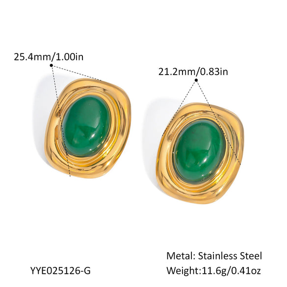Vintage Inlaid Natural Stone Titanium Steel Earrings For Women With Pvd Furnace Vacuum Real Gold Plating And Geometric Shape