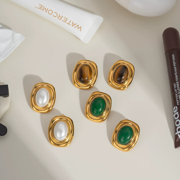 Vintage Inlaid Natural Stone Titanium Steel Earrings For Women With Pvd Furnace Vacuum Real Gold Plating And Geometric Shape