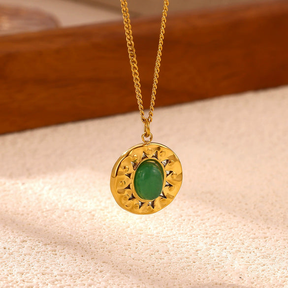 Vintage Jade Natural Stone Geometric Round Pendant Necklace With Gold Plated Stainless Steel Chain Jewelry For Women And Men