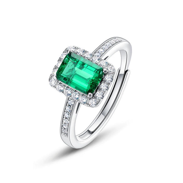 Vintage Light Luxury Cultivation Emerald Ring 925 Silver Inlay Geometric Style Set With Diamonds For Women