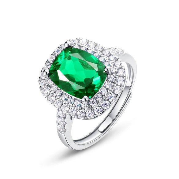 Vintage Light Luxury Cultivation Emerald Ring 925 Silver Inlay Geometric Style Set With Diamonds For Women