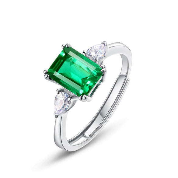 Vintage Light Luxury Cultivation Emerald Ring 925 Silver Inlay Geometric Style Set With Diamonds For Women