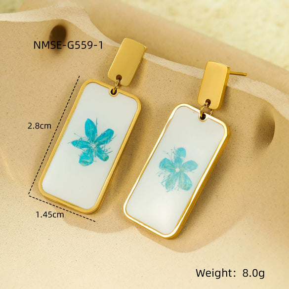 Vintage Love Water Drop Geometric Dried Flower Oil Drop Pendant Earrings Stainless Steel Jewelry Electroplated