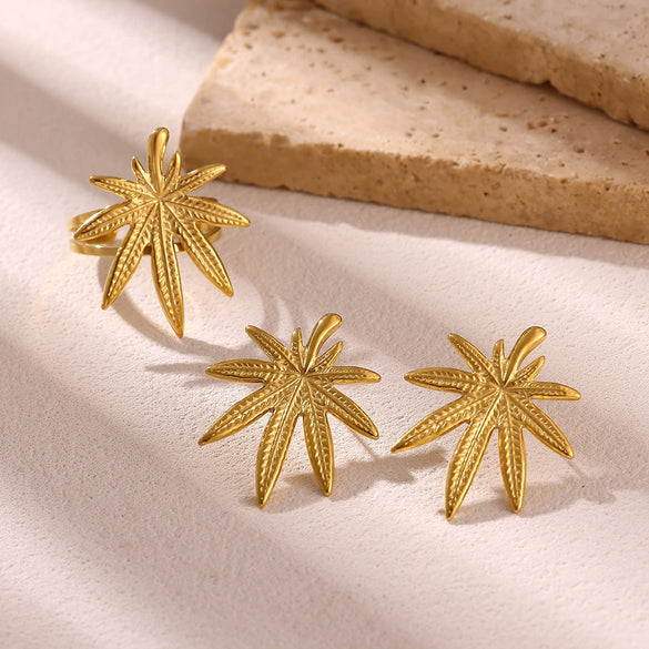 Vintage Maple Leaf Botanical Jewelry Set With Gold Plated Stainless Steel Necklace Earrings And Ring