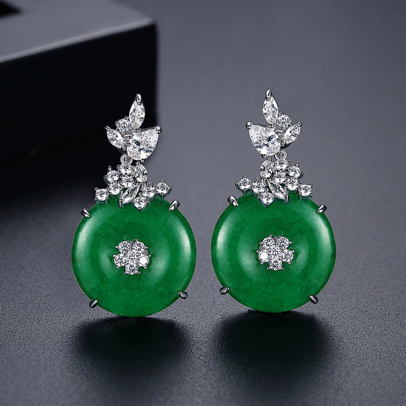 Vintage Medieval Style Copper Earrings With Green Chalcedony And Zircon Inlay Elegant Geometric Flower Drop Earrings For Women