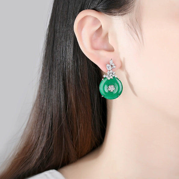 Vintage Medieval Style Copper Earrings With Green Chalcedony And Zircon Inlay Elegant Geometric Flower Drop Earrings For Women
