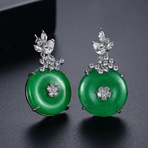 Vintage Medieval Style Copper Earrings With Green Chalcedony And Zircon Inlay Elegant Geometric Flower Drop Earrings For Women