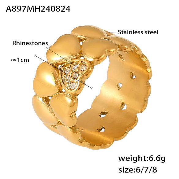 Vintage Middle Ancient Style Love Ring For Women Stainless Steel With 18K Real Gold Plated Double Layer Stacked Small Peach Heart Shaped Geometric Pattern Electroplated