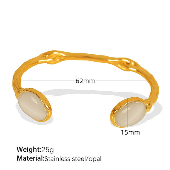 Vintage Minimalist Geometric Doublesided Oval Opalite Opening Irregular Bracelet 316L Stainless Steel Electroplated Jewelry