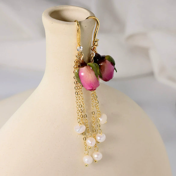 Vintage Natural Pearl Tassel Titanium Steel Electroplated Earrings For Women