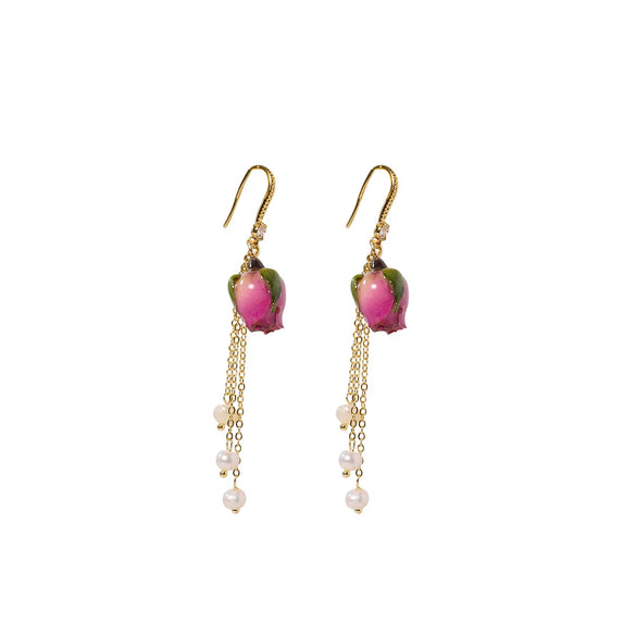 Vintage Natural Pearl Tassel Titanium Steel Electroplated Earrings For Women