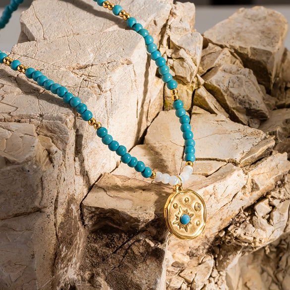 Vintage Natural Stone Turquoise Beaded Handmade Necklace With Gold Plated Stainless Steel Starburst Geometric Pendant For Women