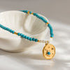 Vintage Natural Stone Turquoise Beaded Handmade Necklace With Gold Plated Stainless Steel Starburst Geometric Pendant For Women