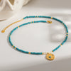 Vintage Natural Stone Turquoise Beaded Handmade Necklace With Gold Plated Stainless Steel Starburst Geometric Pendant For Women