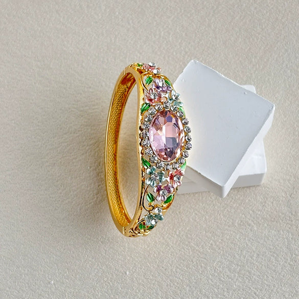 Vintage Painted Rose Oval Gemstone Bangle With Diamond Surround And Elegant Plated Floral Design Jewelry