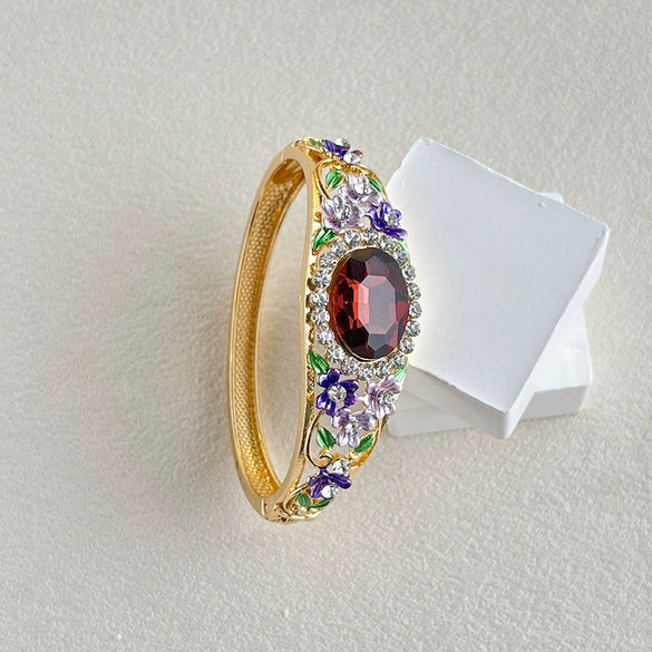 Vintage Painted Rose Oval Gemstone Bangle With Diamond Surround And Elegant Plated Floral Design Jewelry