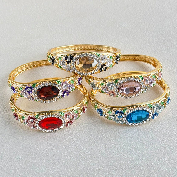 Vintage Painted Rose Oval Gemstone Bangle With Diamond Surround And Elegant Plated Floral Design Jewelry