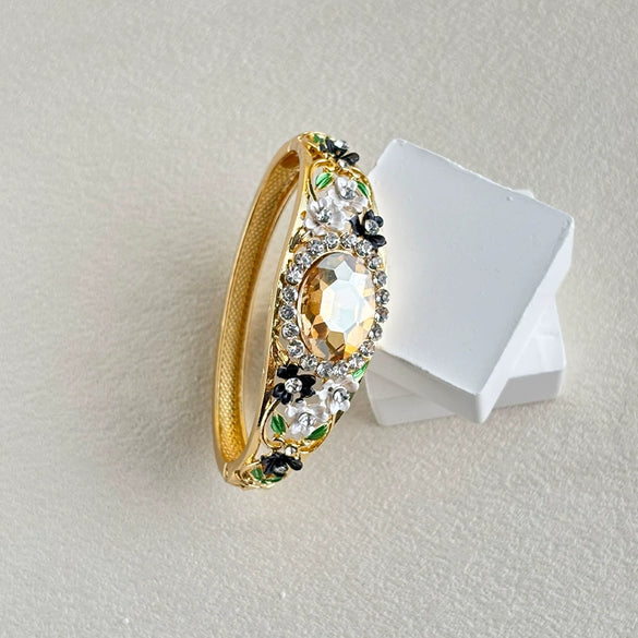 Vintage Painted Rose Oval Gemstone Bangle With Diamond Surround And Elegant Plated Floral Design Jewelry