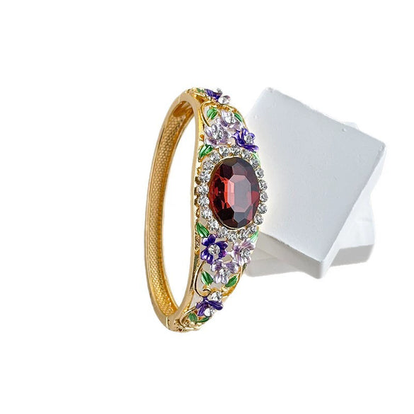 Vintage Painted Rose Oval Gemstone Bangle With Diamond Surround And Elegant Plated Floral Design Jewelry