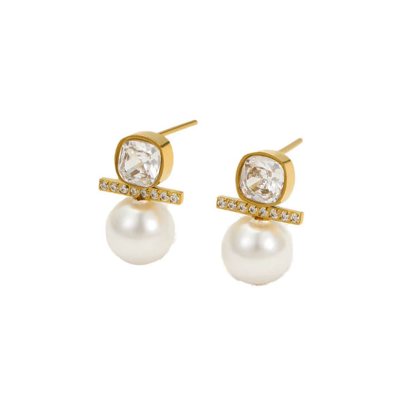 Vintage Pearl Square Micropaved Zircon Stainless Steel Earrings For Women
