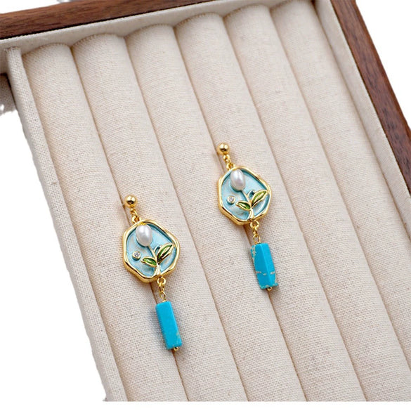 Vintage Plants And Flowers Style Pearls Inlaid Earrings And Bracelet Set